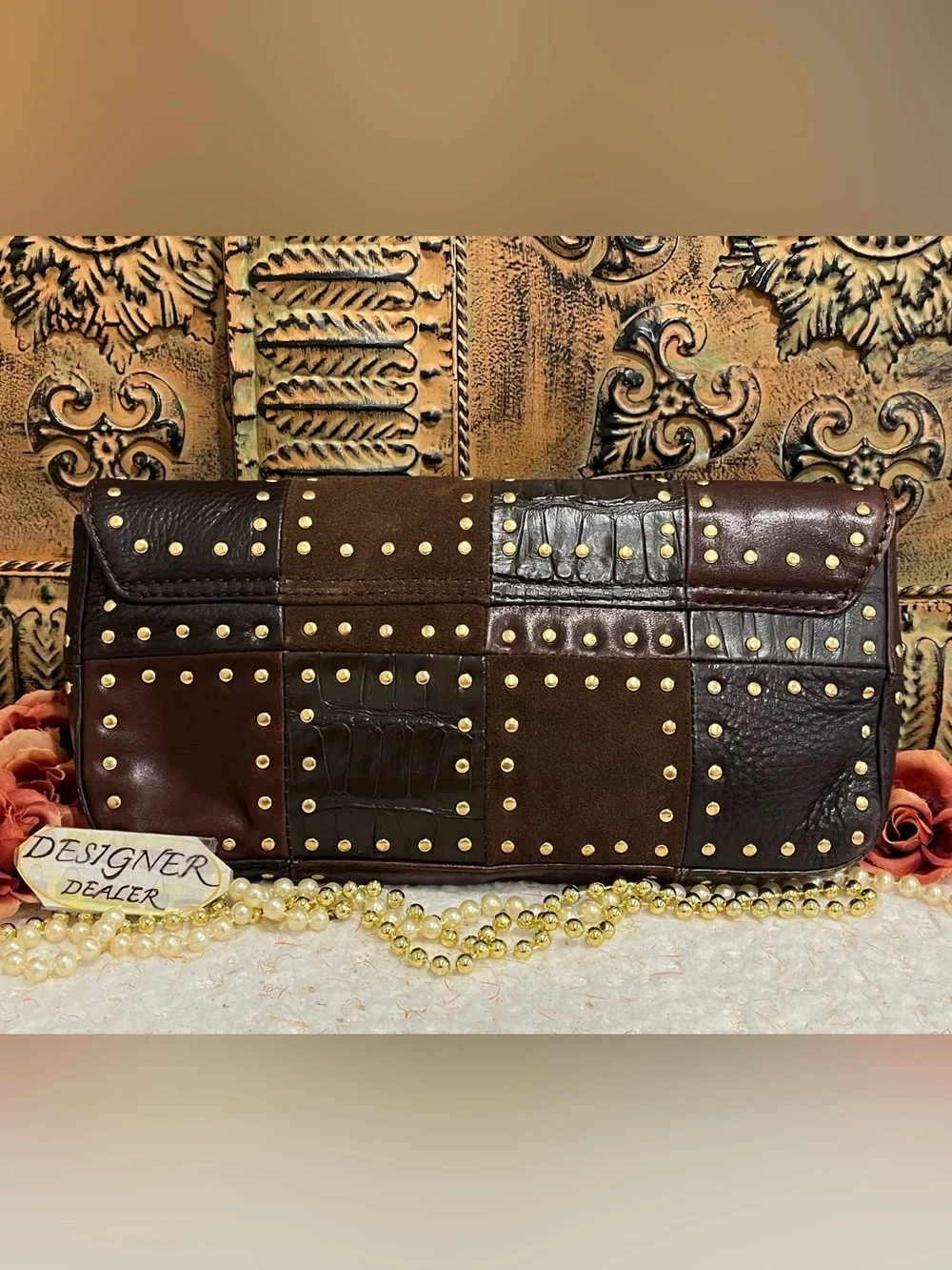 Michael Kors Vintage Brown Leather/Suede Patchwork Stud Clutch VGC!